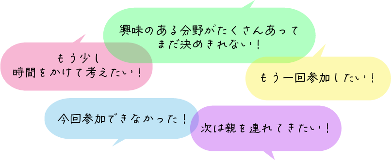 う少し時間をかけて考えたい!興味のある分野がたくさんあってまだ決めきれない!もう一回参加したい!今回参加できなかった!次は親を連れてきたい!